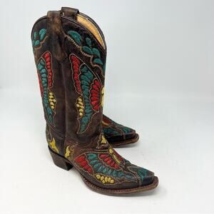 CORRAL Teen Embroidered Butterfly Western Cowboy Brown Leather Boots Size 2.5